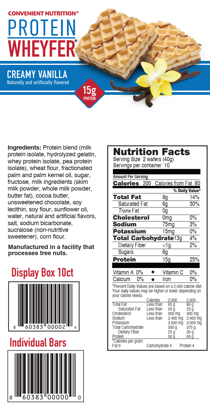 Protein Wheyfer Creamy Vanilla nutrition facts. Ingredients include a protein blend, wheat flour, oils, sugar, chocolate, and more. 200 calories, 15g protein per serving.