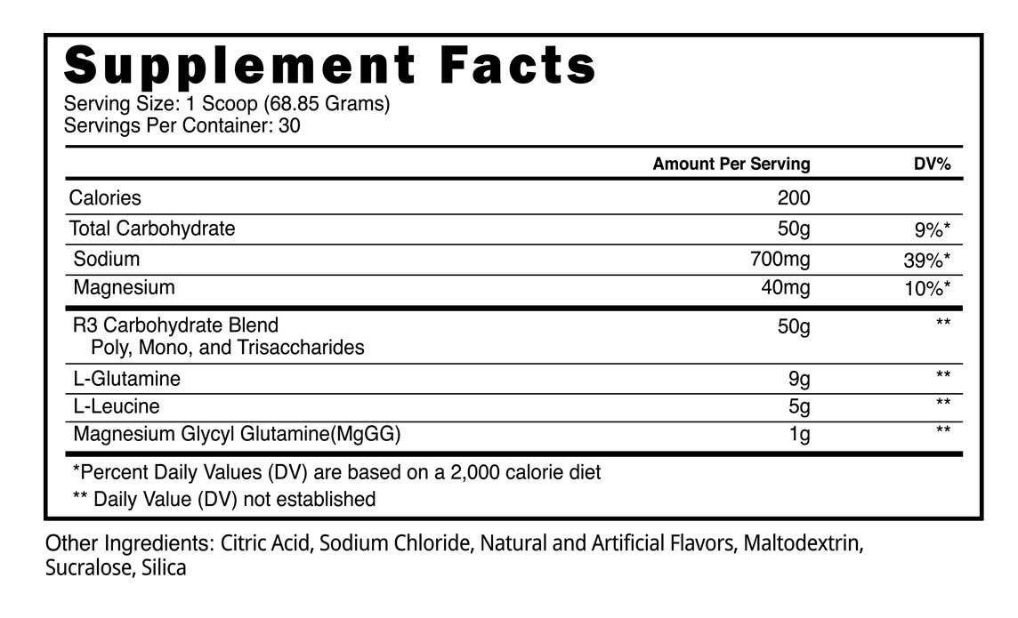 Supplement facts for a serving size of 1 scoop (68.85g), including a list of ingredients and their daily value percentages.