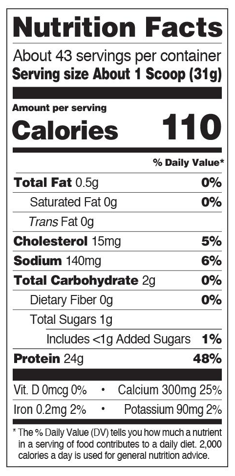 Nutrition facts label for a product with 43 servings, each having 24g protein, 110 calories, 0.5g fat, and 2g carbohydrates.