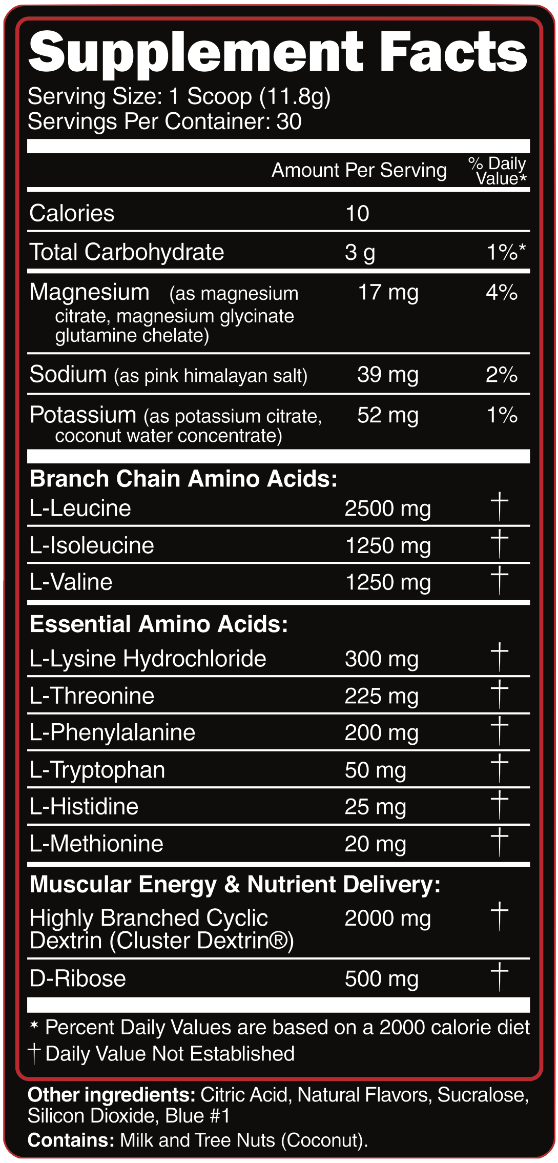 Supplement facts for a 1 scoop serving including amino acids, magnesium, sodium, potassium and calories. Contains milk and tree nuts.
