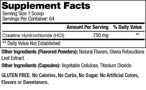 Nutrition label for Creatine supplement; 1 scoop contains 750 mg Creatine HCI. Gluten-free with no sugar or artificial sweeteners.