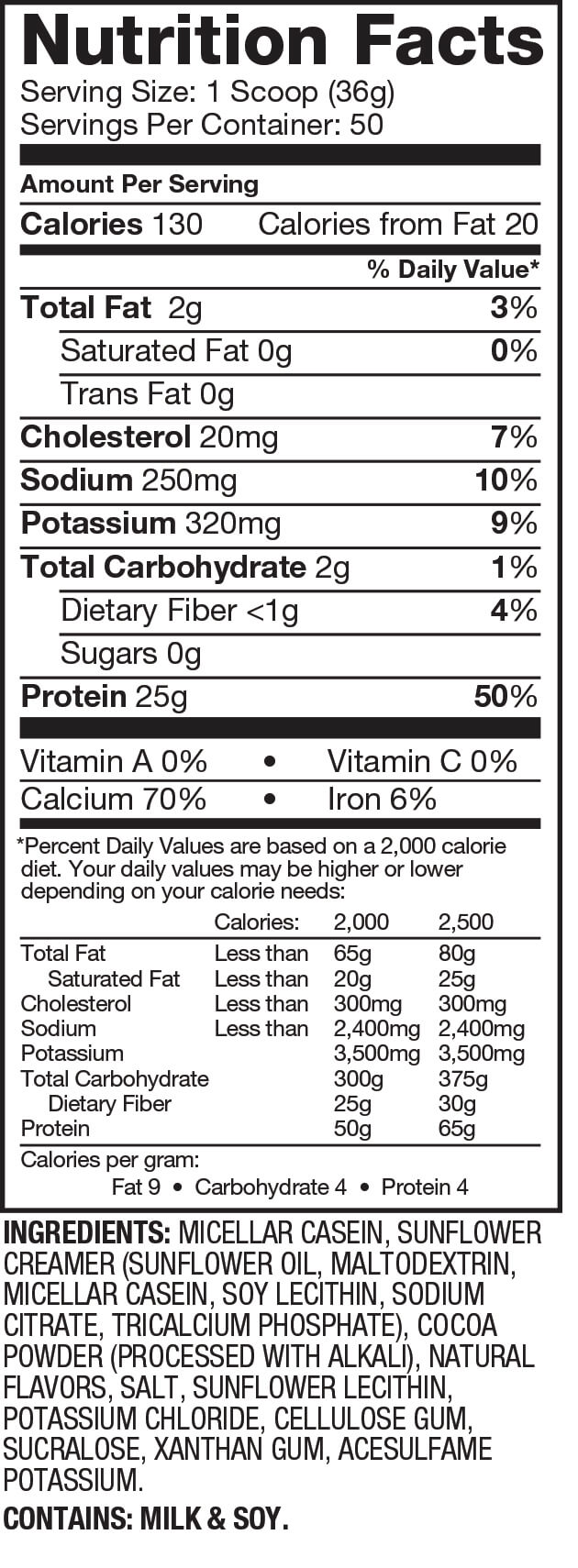 Nutrition facts for a 36g scoop: 130 Calories, 2g Total Fat, 20mg Cholesterol, 250mg Sodium, 25g Protein, and 70% Calcium. Contains milk and soy.