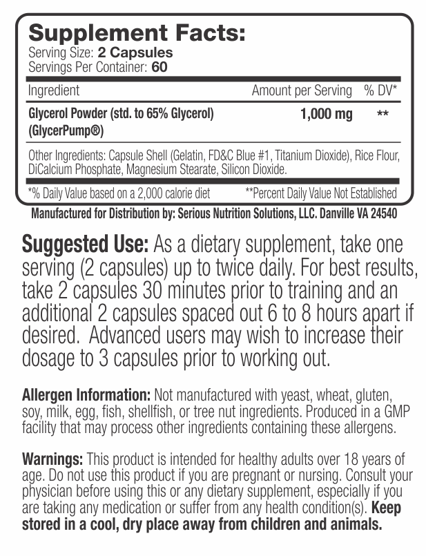 Supplement facts for 2-capsule serving of GlycerPump, containing glycerol powder and other ingredients. Suggested for healthy adults over 18 years.