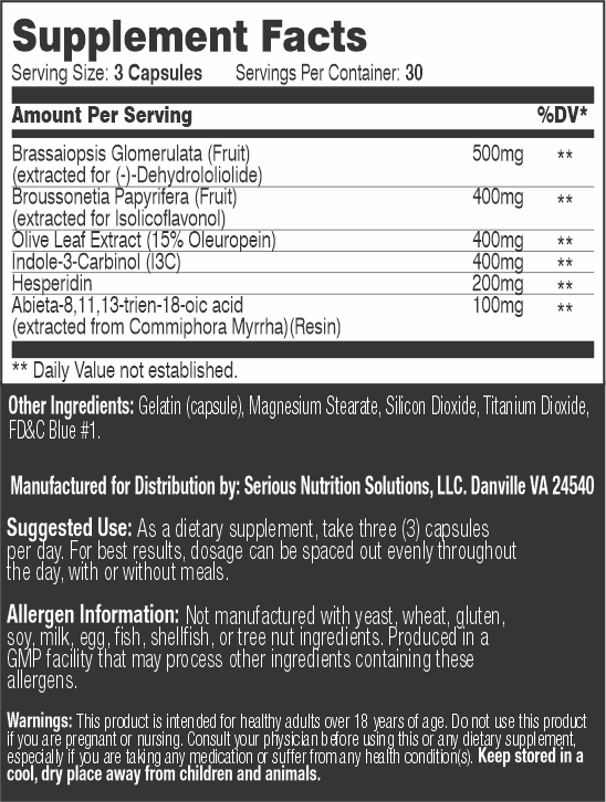 Supplement facts for 3-capsule serving of supplement including, Brassaiopsis Glomerulata, Broussonetia Papyrifera, Olive Leaf, and others. Not manufactured with common allergens.