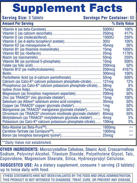 Supplement facts and usage details for a dietary supplement featuring multiple vitamins, minerals, and other ingredients.