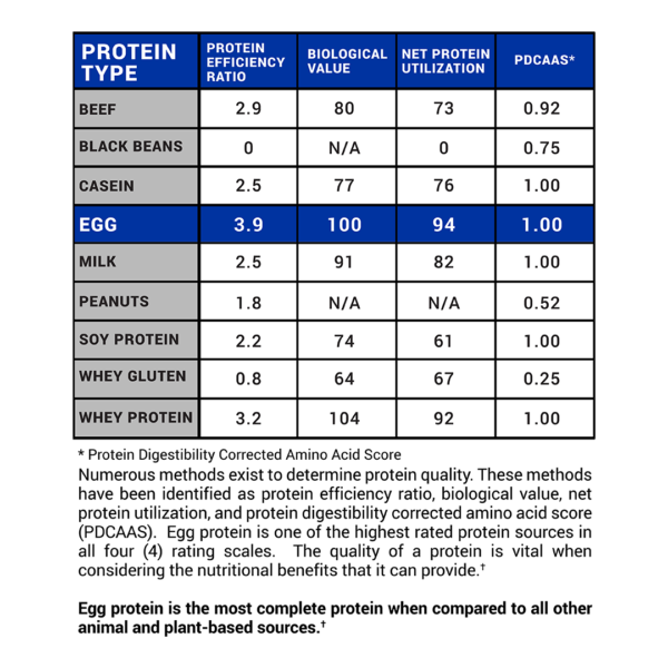 Chart comparing protein types like beef, egg, milk, peanuts, and soy against different criteria for protein quality, with egg protein rating highest.