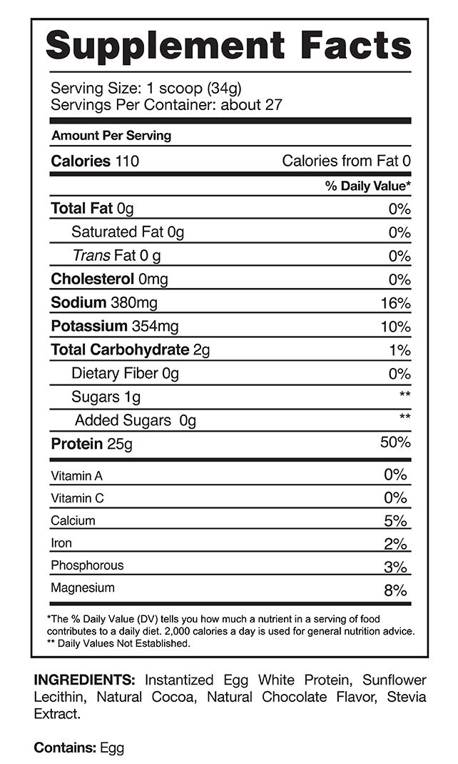 Nutritional information and ingredients list for a supplement with instantized egg white protein, sunflower lecithin, and natural flavorings.
