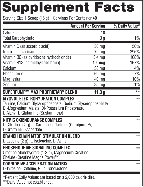 Supplement facts for a serving of dietary supplement containing vitamins, minerals, and proprietary blends for enhanced endurance and stimulation.