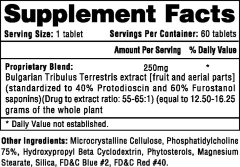 Supplement facts for a 60-tablet container, each containing a 250mg proprietary blend of Bulgarian Tribulus Terrestris extract.