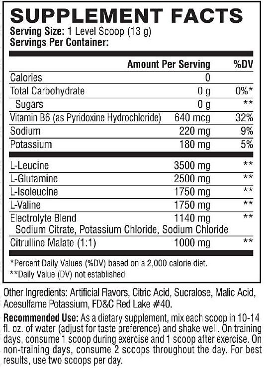 Supplement facts display showing serving sizes, nutritional info, ingredients, daily values & recommended usage for a fitness supplement powder.