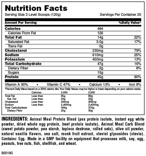 Nutrition facts for a dietary supplement with a serving size of three scoops (120g). Contains 494 calories, 14g total fat, 610mg sodium, and animal meal protein blend.