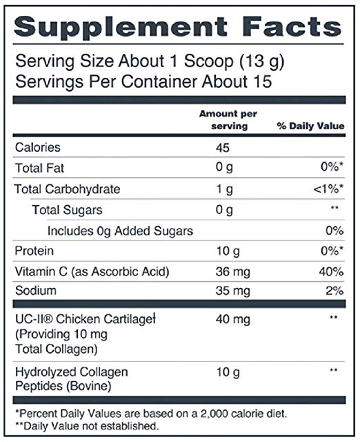 Nutritional information for a supplement showing serving size, calories, macronutrient values, vitamin C, Sodium, and collagen contents.