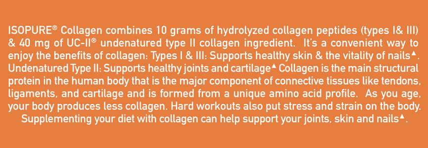 ISOPURE® Collagen product combining hydrolyzed collagen peptides and undenatured type II collagen ingredient for healthy skin, nails, and joints.