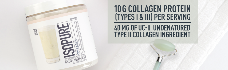 Unflavored Isopure Collagen dietary supplement with 10g of collagen protein and 40mg of UC-II undenatured type II collagen per serving.