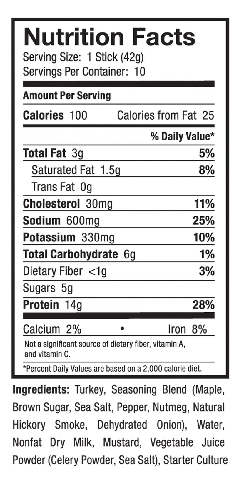 Nutrition facts and ingredients for a 42g serving of a turkey stick, which includes 100 calories, 14g protein, and flavors like maple and brown sugar.