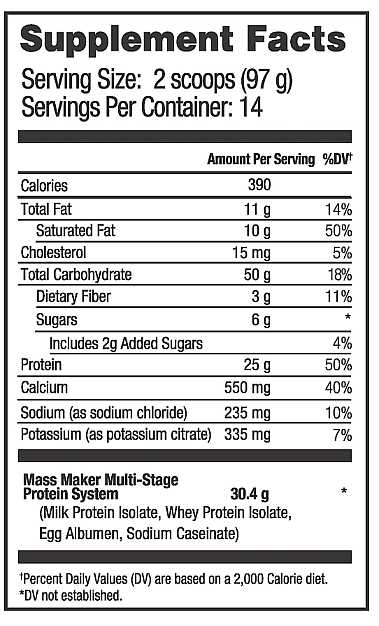 Supplement facts label showing servings, calories, amount of fats, sodium, carbohydrates, proteins, calcium. Also indicates % of daily values.