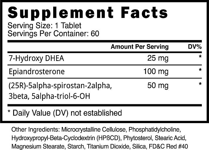 Supplement facts for a 60-tablet container, with each serving containing 25mg of 7-Hydroxy DHEA, 100mg of Epiandrosterone, other ingredients listed.