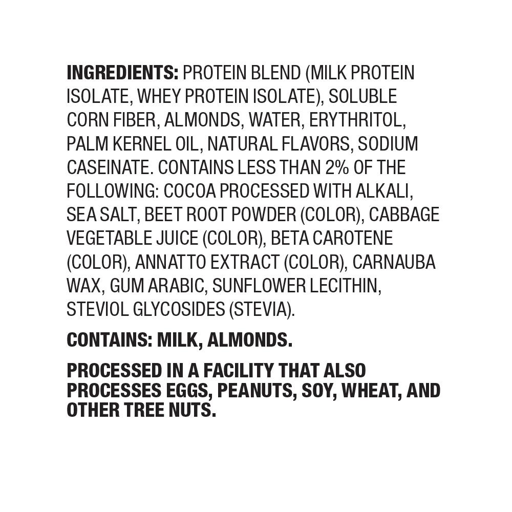 List of ingredients found in a protein blend including milk and whey protein isolates, almonds, and various natural flavors and colors.