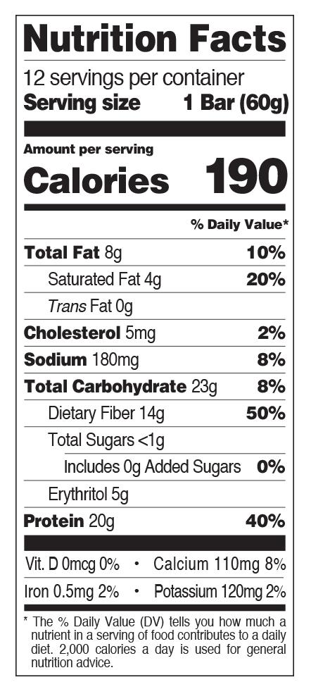 Nutrition facts for a 60g bar: 190 calories, 8g total fat, 4g saturated fat, 20g protein, 23g carbs, 14g fiber, under 1g sugar, 5mg cholesterol, 180mg sodium.