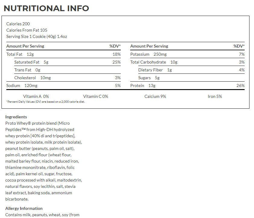 Nutritional info for a 200-calorie, 1.4oz cookie with 12g fat, 10g carbohydrate, 1g fiber, 5g sugars, and 13g protein. Contains milk, peanuts, wheat, and soy.