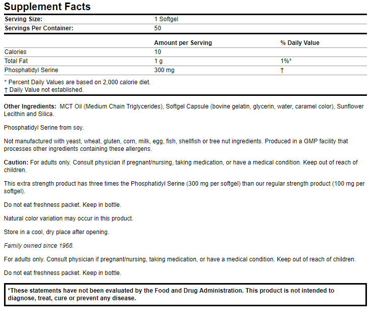 Phosphatidyl Serine supplement with 300mg per softgel. Gluten, corn, milk, egg, fish, shellfish, tree nut ingredients-free. For adults only.