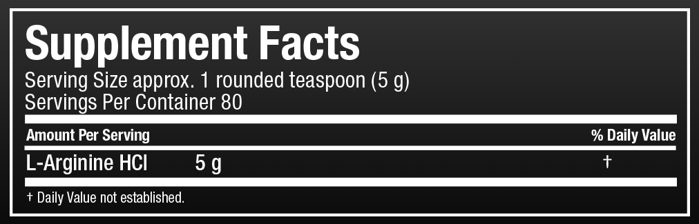 Supplement facts for L-Arginine HCI with serving size of 1 rounded teaspoon (5g), 80 servings per container.