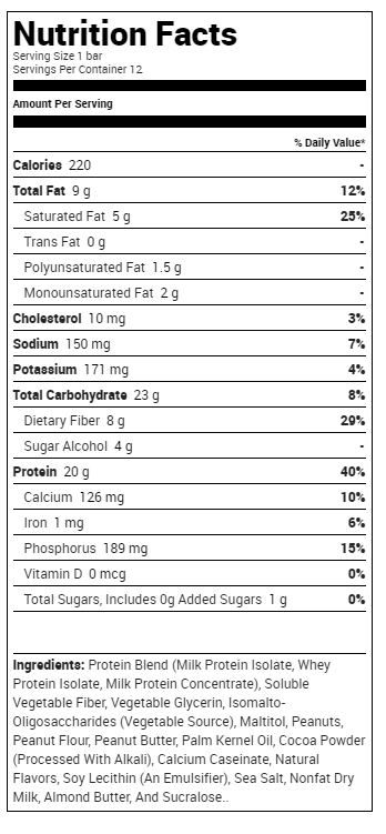 Nutrition facts for a protein bar. Includes 220 calories, 9g fat, 23g carbs, 20g protein per serving. Made with milk protein and peanuts.