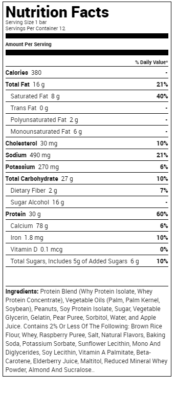 Nutrition facts for a protein bar with 380 calories, 30g of protein, 27g of carbs, and 16g of fat. Contains peanuts, soy, sugar, and various fruit purees.