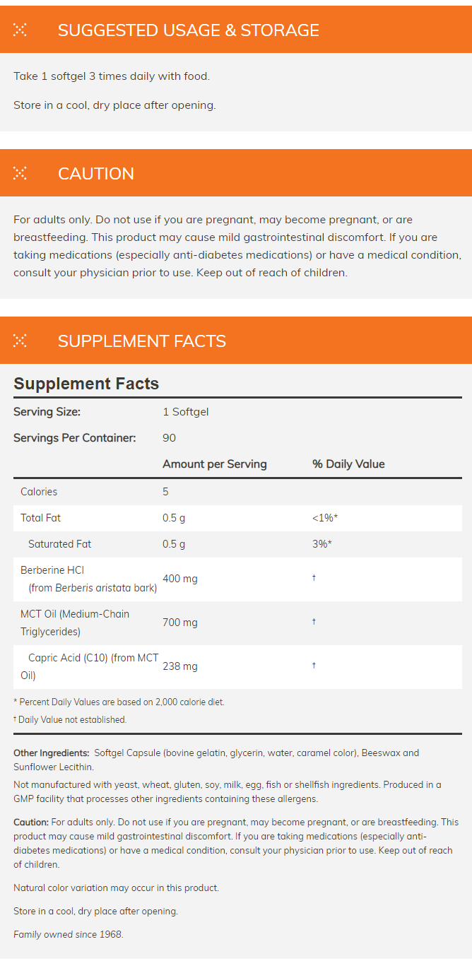 Supplement facts and usage for berberine and MCT oil softgels. Not suitable for pregnant or breastfeeding individuals, or those take anti-diabetes medication.