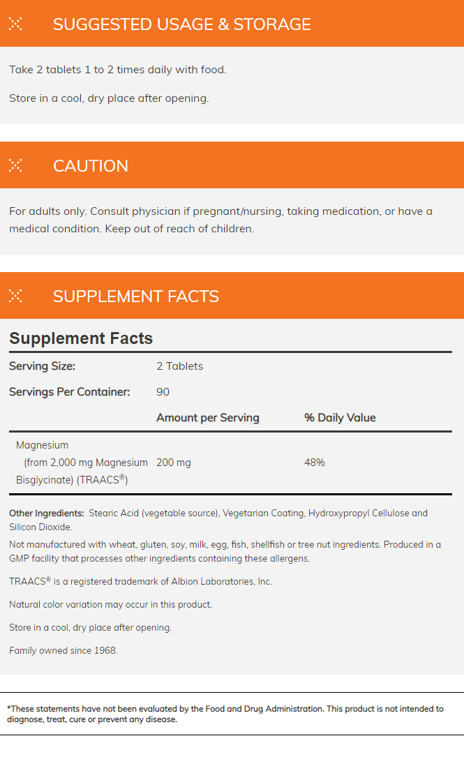 Magnesium supplement tablets usage directions, ingredients, and storage instructions. Suitable for adults only and allergy information provided.