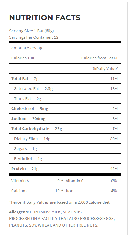 Nutrition facts for a 60g bar: 190 calories, 7g fat, 22g carbs, 21g protein. Contains milk, almonds, and is processed in a facility with various allergens.