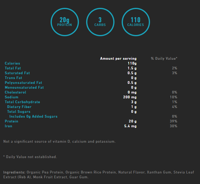 Nutritional information chart for 110g serving size with macros and vitamins. Contains Organic Pea Protein, Brown Rice Protein, and flavorings.