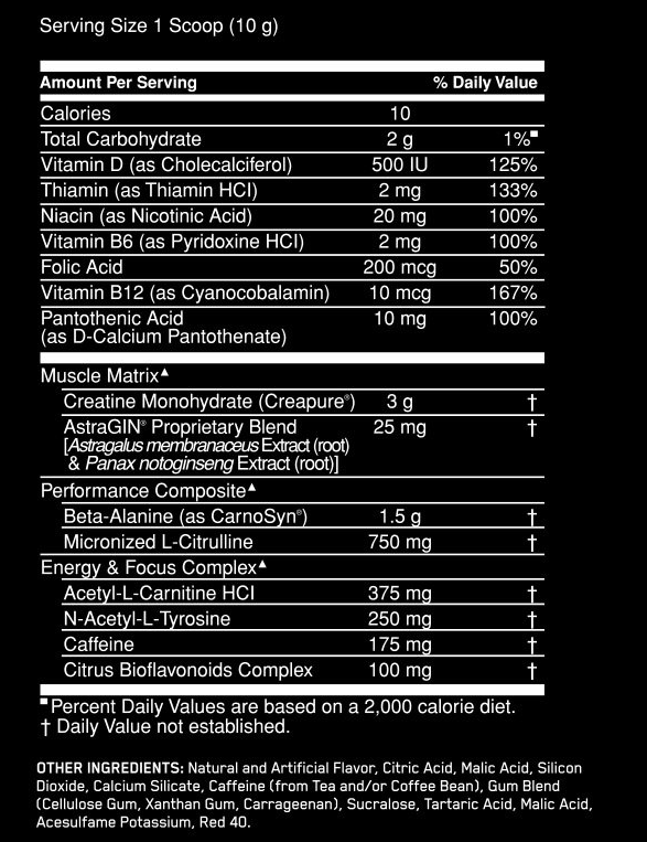 Nutritional label for a supplement showing serving size, vitamins, minerals, proprietary blends, and other ingredients.