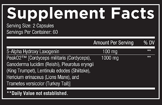 Supplement facts for a 60 serving container, includes 100 mg and 1000 mg of 5-Alpha Hydroxy Laxogenin and Peak02™ blend.