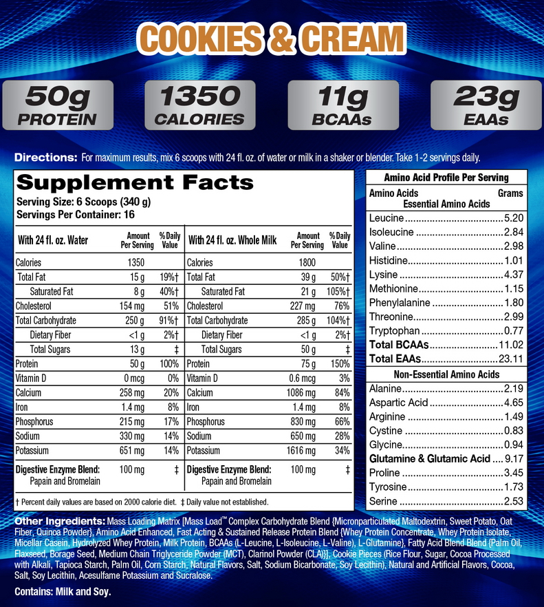 Cookies & Cream protein supplement instructions and nutritional information, including protein, calories, fat, carbs, and vitamins.