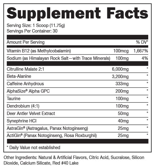 Supplement facts for a scoop including Vitamin B12, Sodium, Citrulline Malate, Beta-Alanine, Caffeine, Taurine, and various other ingredients.