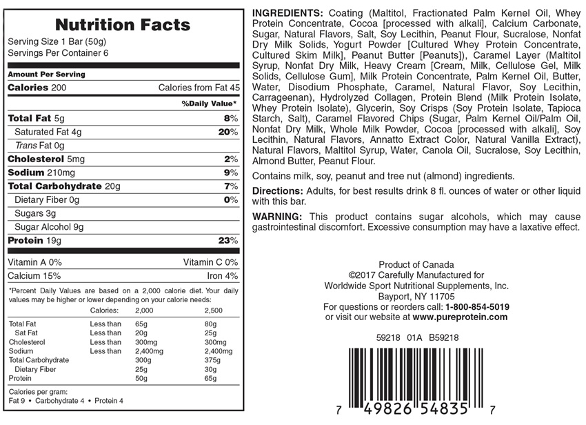 Nutrition facts and ingredients of a 50g protein bar with 200 calories, 5g total fat, and 19g protein. Allergy warning for milk, soy, peanut and tree nut.