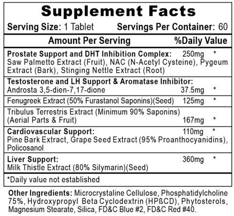 Supplement facts for a pill with prostate support, testosterone support, cardiovascular support, and liver support ingredients.
