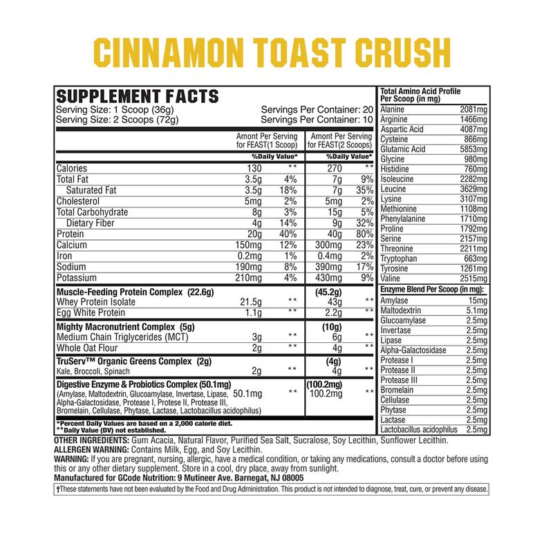 Detailed label of Cinnamon Toast Crush supplement showing key ingredients, serving size & nutrition facts. Includes allergen warnings.
