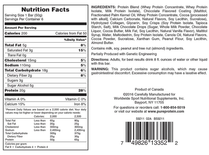 Nutrition facts for a 50g protein bar: 200 calories, 5g total fat, 15mg cholesterol, 110mg sodium, 18g carbs, 20g protein. Contains milk, soy, peanuts, almonds.