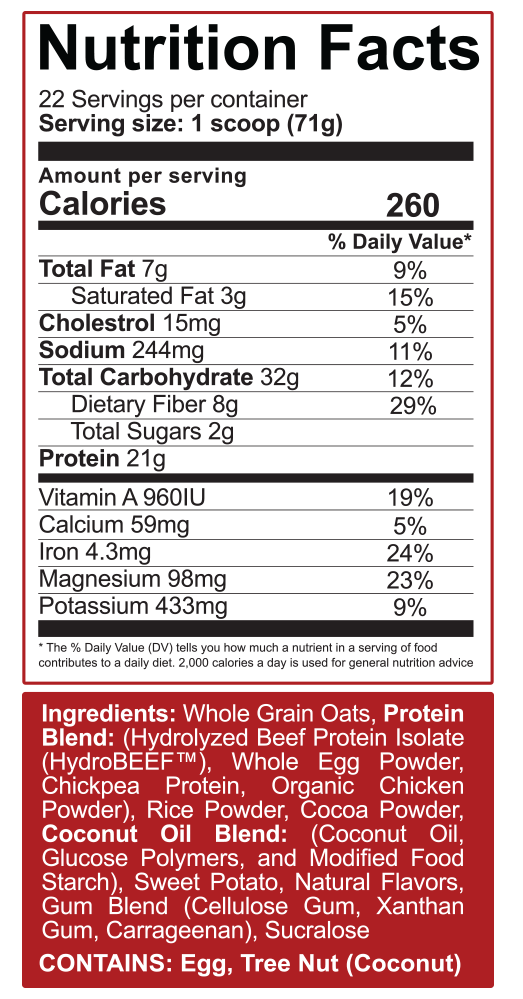 Nutrition facts for a 71g serving including 260 calories, 7g fat, 32g carbs, 21g protein, and various vitamins. Ingredients include oats, proteins, and coconut oil.