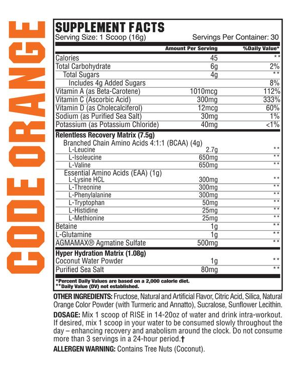 Supplement facts panel for Code Orange showing serving size, nutritional value, ingredients, dosage instructions and allergen warning.