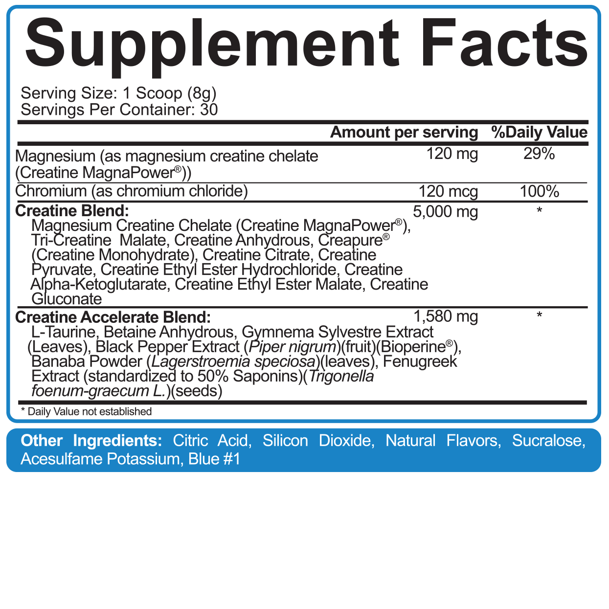 Supplement facts detailing serving size, ingredients, and daily values; includes various types of creatine and other natural ingredients.