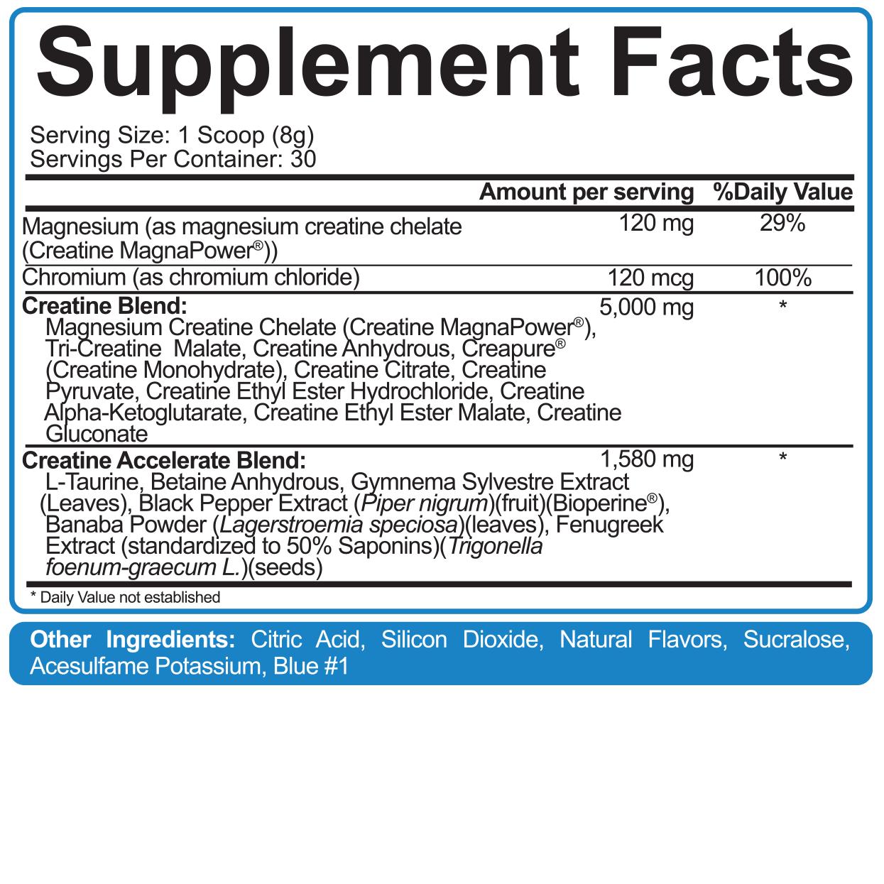 Fact detail. Nutrition Creatine 5% 231g. 5 Nutrition. Serving. 30 Servings.