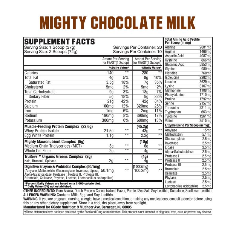 Nutritional facts and ingredients of a protein supplement serving either one scoop or two scoops a day with allergen warning and storage instructions.