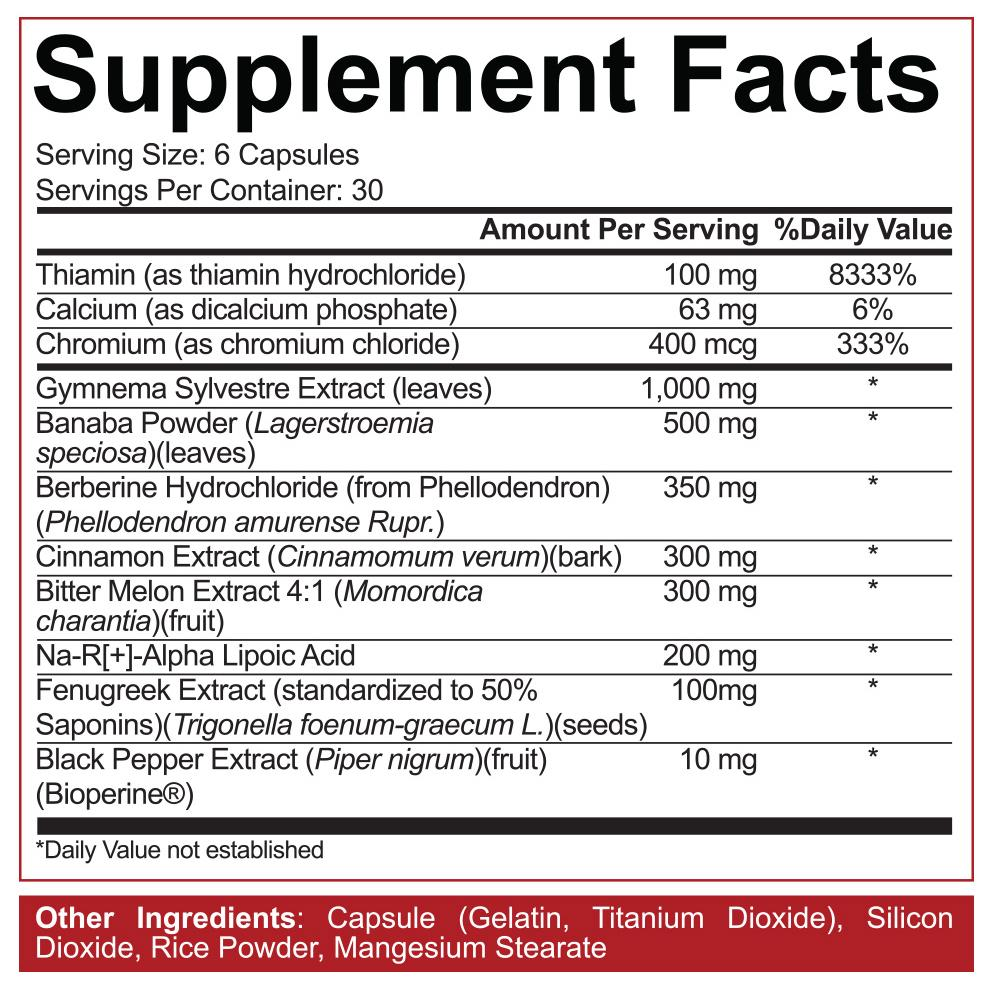 Supplement facts label for a serving of 6 capsules including ingredients like Thiamin, Calcium, Chromium, Berberine Hydrochloride, Fenugreek extract, and Black Pepper Extract.