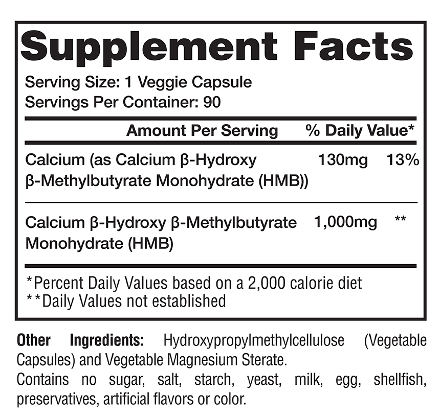 Supplement facts for veggie capsules with calcium and HMB, sugar and preservative-free, based on a 2,000 calorie diet.