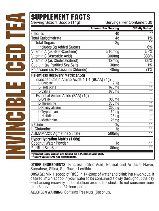 Supplement facts for Invincible Iced Tea which includes essential amino acids, vitamins, sodium, potassium, and other ingredients (30 servings). Allergen warning: Contains Tree Nuts.