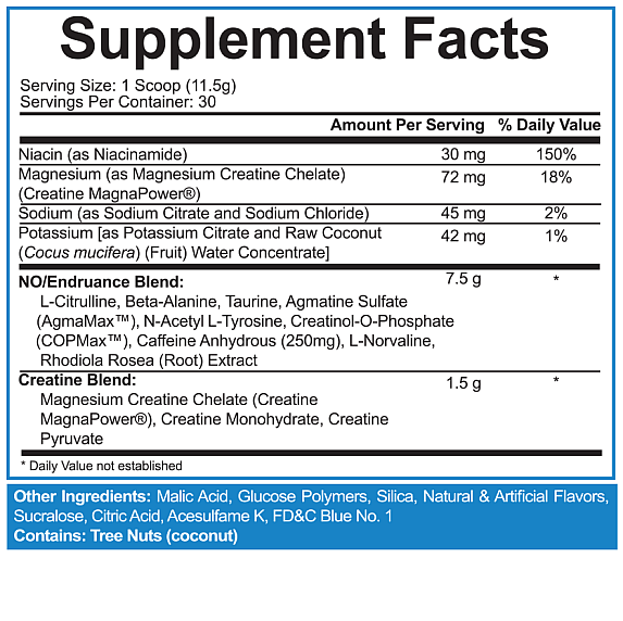 Nutritional facts on supplement packaging with serving size and percentages of niacin, magnesium, sodium, and potassium. Contains creatine and caffeine.