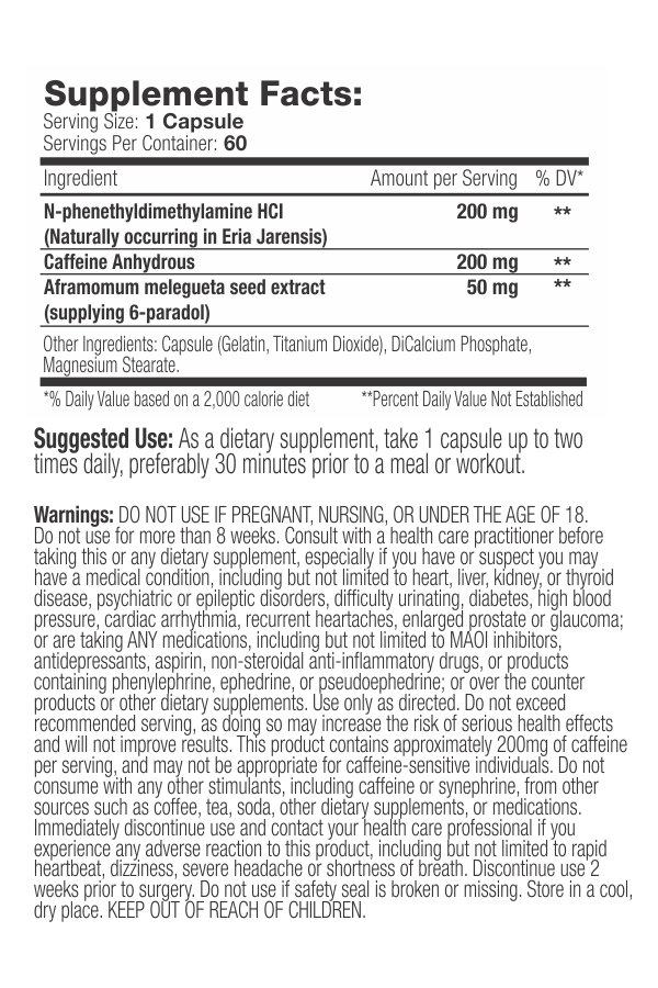 Dietary supplement facts label showing ingredients, usage instructions and health warnings. Not suitable for pregnant, nursing, or under 18s.